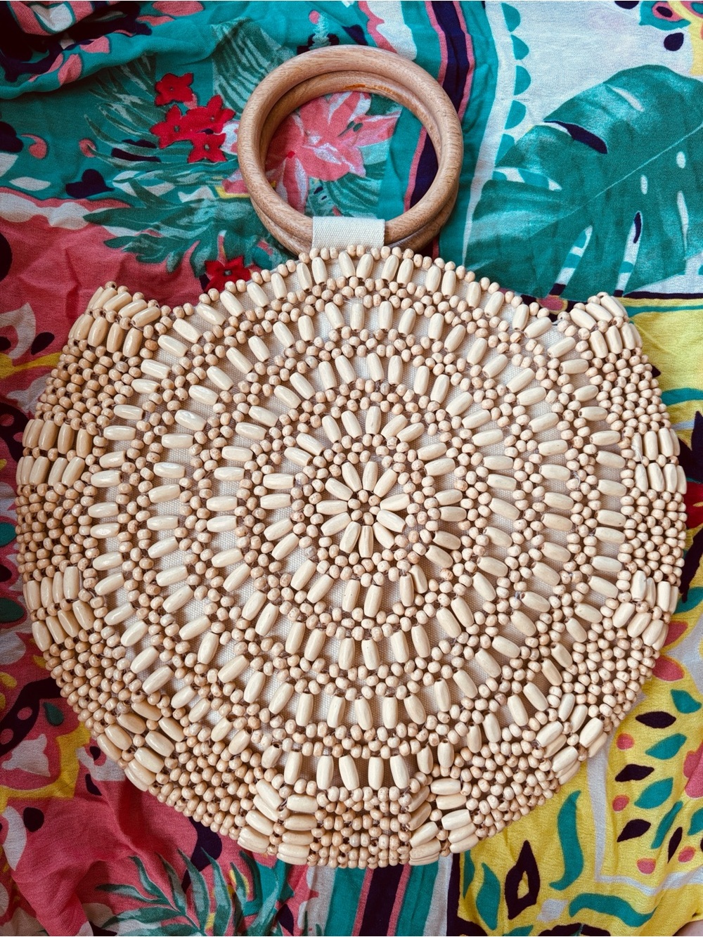 Handmade Natural Wooden Beaded Round Handbag Snap Close Cotton Lined Tote Purse - Picture 5 of 15
